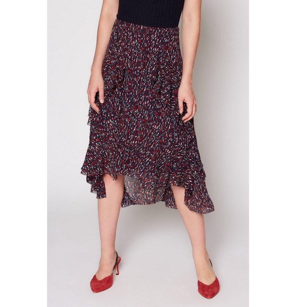 NWT Joie 100% Silk Ruffle High-Low Skirt Midnight Size 8 Speckled Print